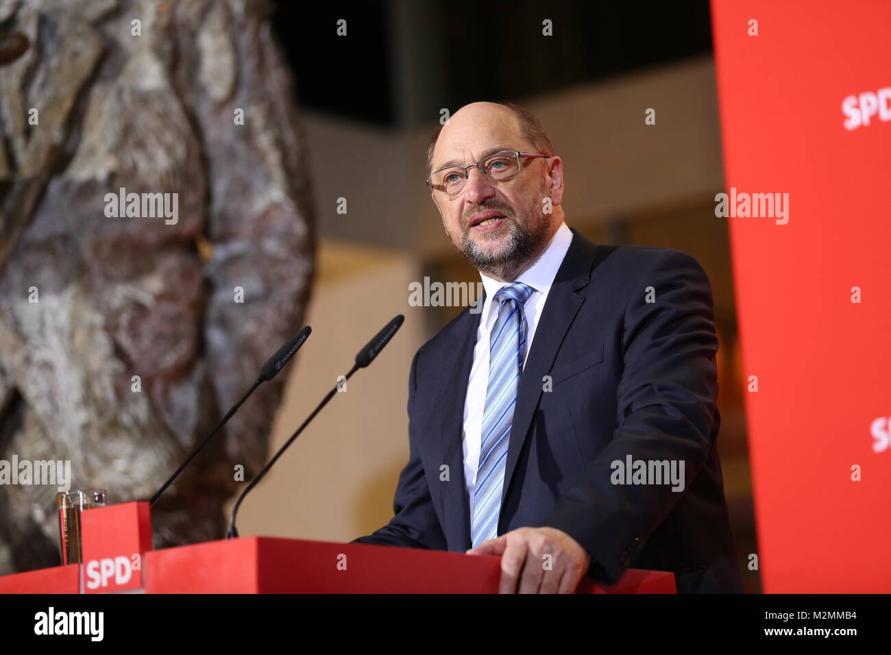 Berlin, Germany. 07th Feb, 2018. SPD leader Martin Schulz hands over the party chairmanship to parliamentary leader Andreas Nahles. Andrea Nahles would be the first woman at the head of the SPD party. A Credit: Simone Kuhlmey/Pacific Press/Alamy Live News Stock Photo
