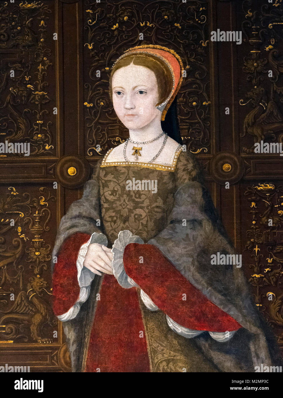 Elizabeth I. Portrait of the future Queen Elizabeth I (1533-1603) as Princess Elizabeth at the age of 12. Detail of a painting entitled The Family of Henry VIII, oil on panel, c.1545 Stock Photo