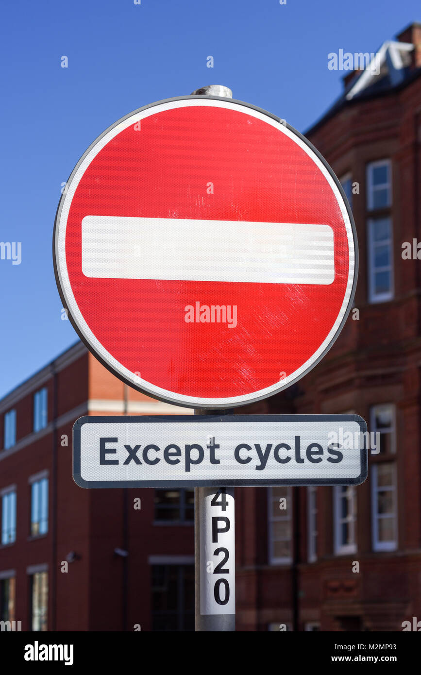 No Entry sign except for cycles Nottingham,UK. Stock Photo