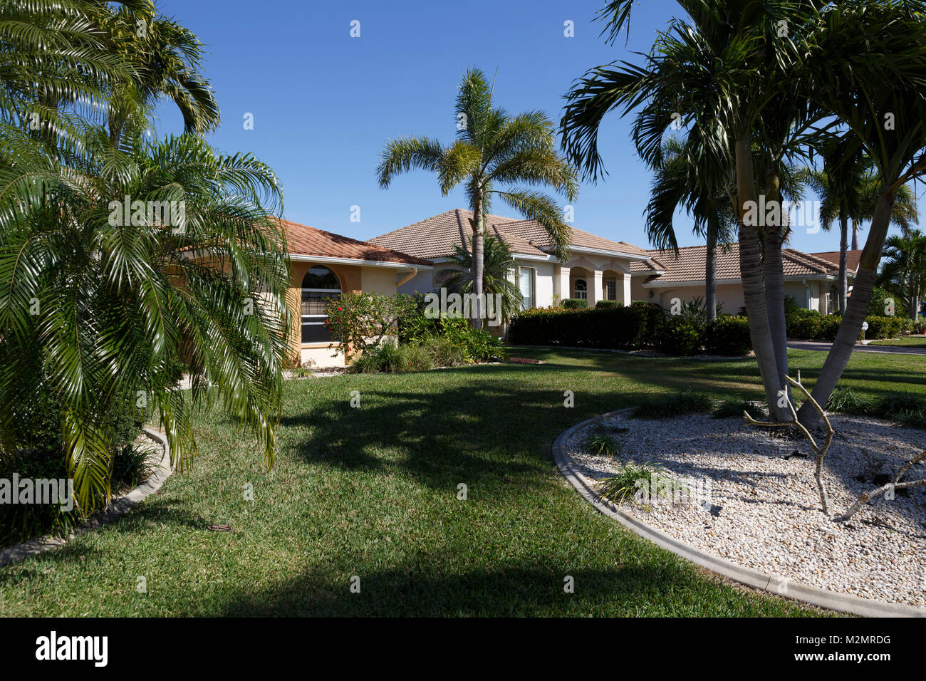 House, Lawn Yard, Residential neighborhood of Cape Choral, Fort Myers, Gulf Coast, Florida Stock Photo