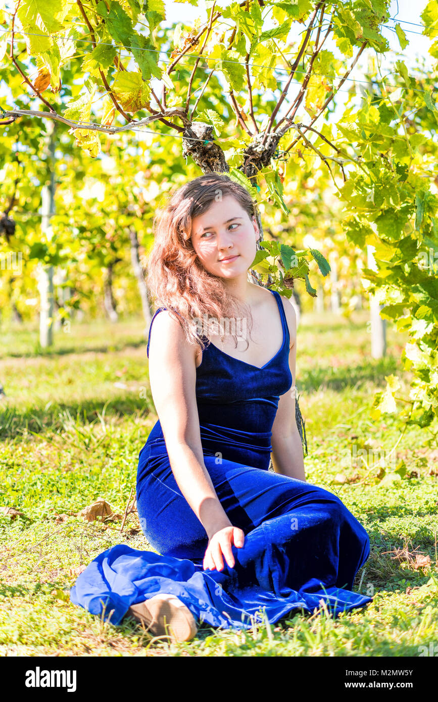 Elegant young woman in blue velvet dress by vineyard winery grapevine  leaves green in Virginia grapes, front smiling happy sitting on ground in  shade Stock Photo - Alamy