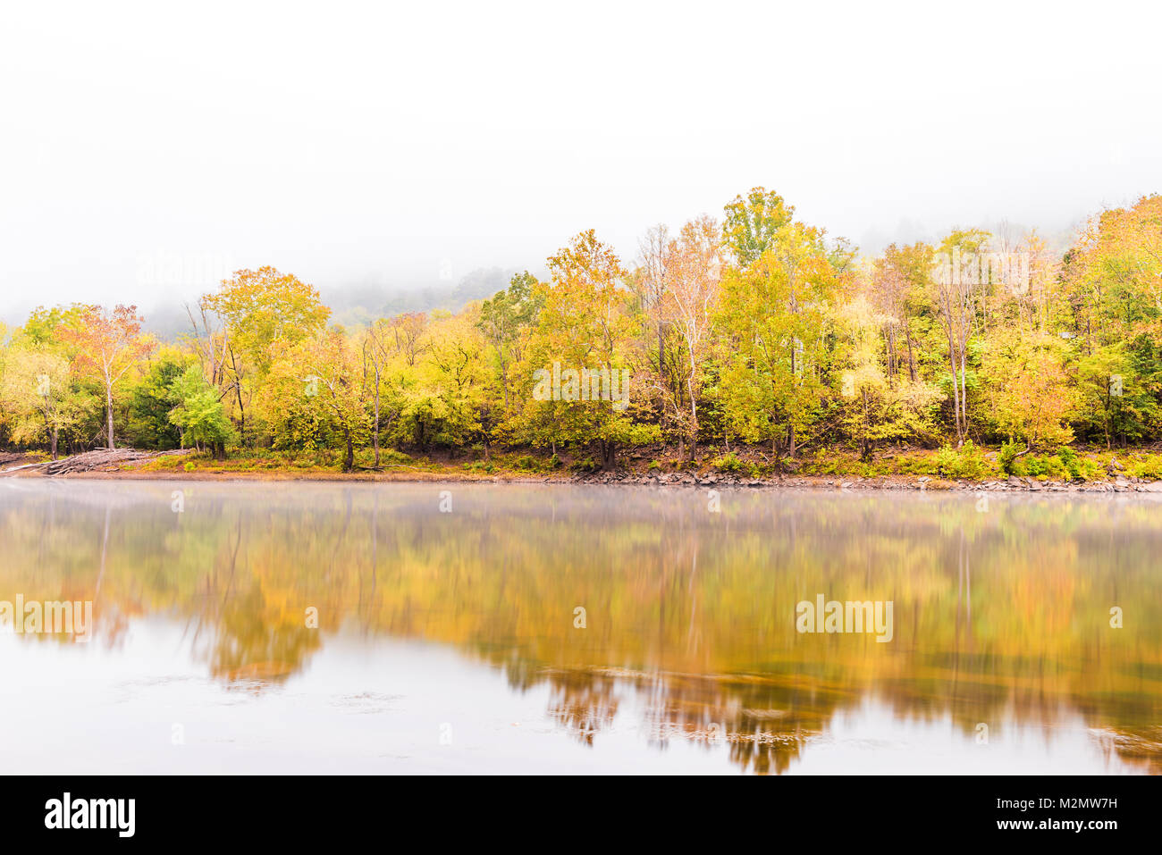 New River Gorge water river lake during autumn golden orange foliage in fall by Grandview with peaceful calm tranquil morning bright mist fog Stock Photo