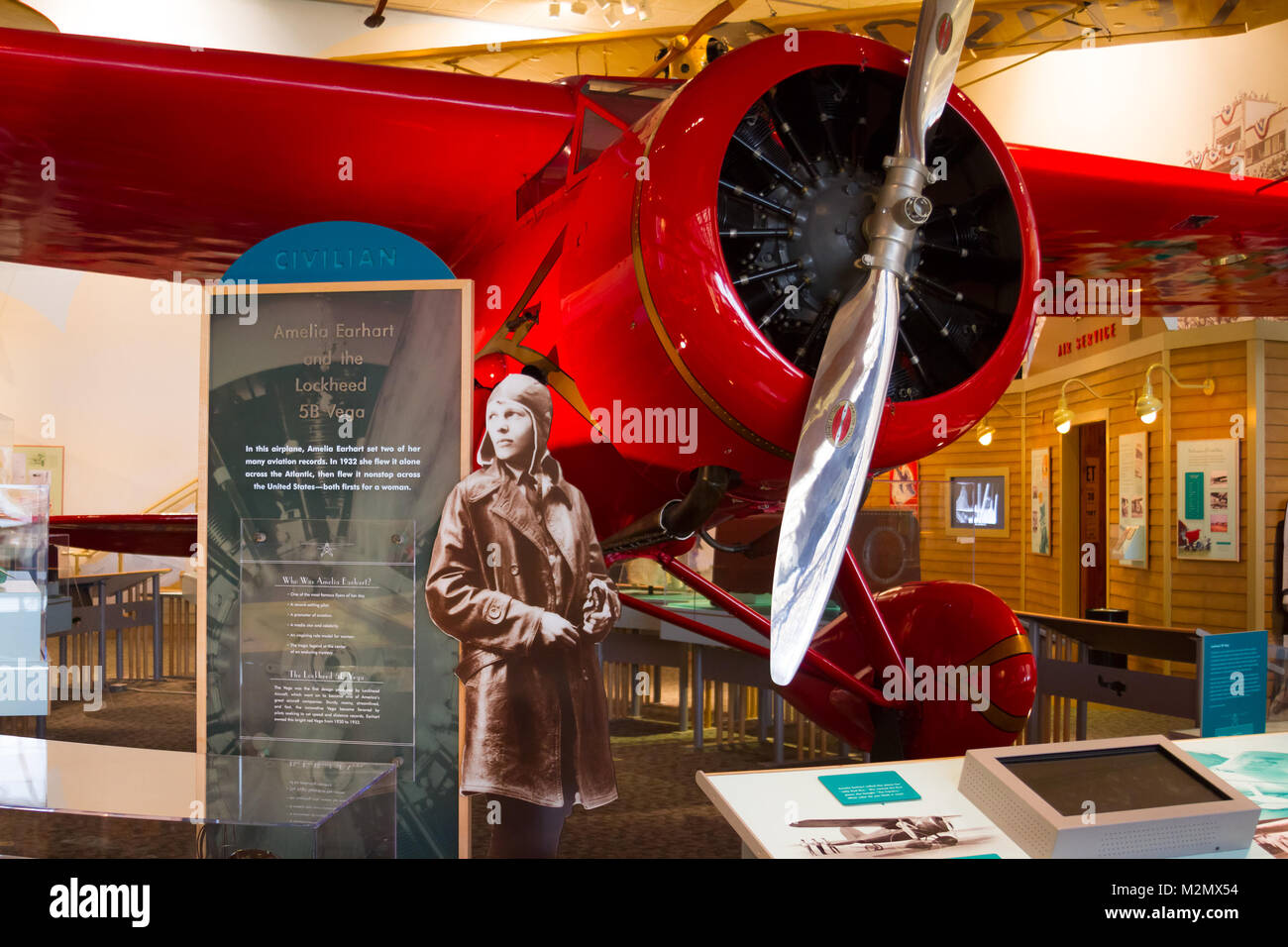 WASHINGTON D.C., USA - MAY 11, 2016: Amelia Earhart and red Lockheed 5B Vega First woman to attempt to circumnavigate the Globe, National Air and Spac Stock Photo
