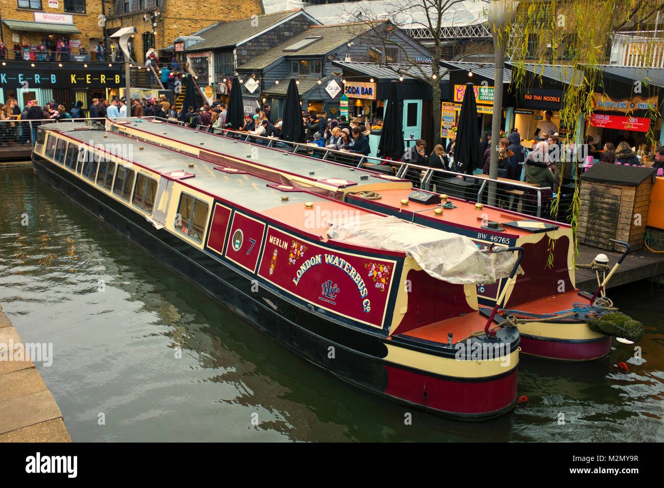 Colour Photograph of Narrowboats Docked at Camden Lock, Camden Town, London England United Kingdom, Credit: London Snapper Stock Photo