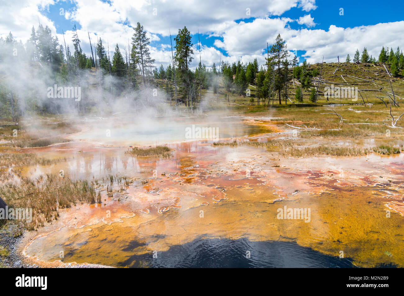 Culvert Geyser with Bottomless Pit in the background.  Upper Geyser Basin.  Yellowstone National Park, Wyoming, USA Stock Photo