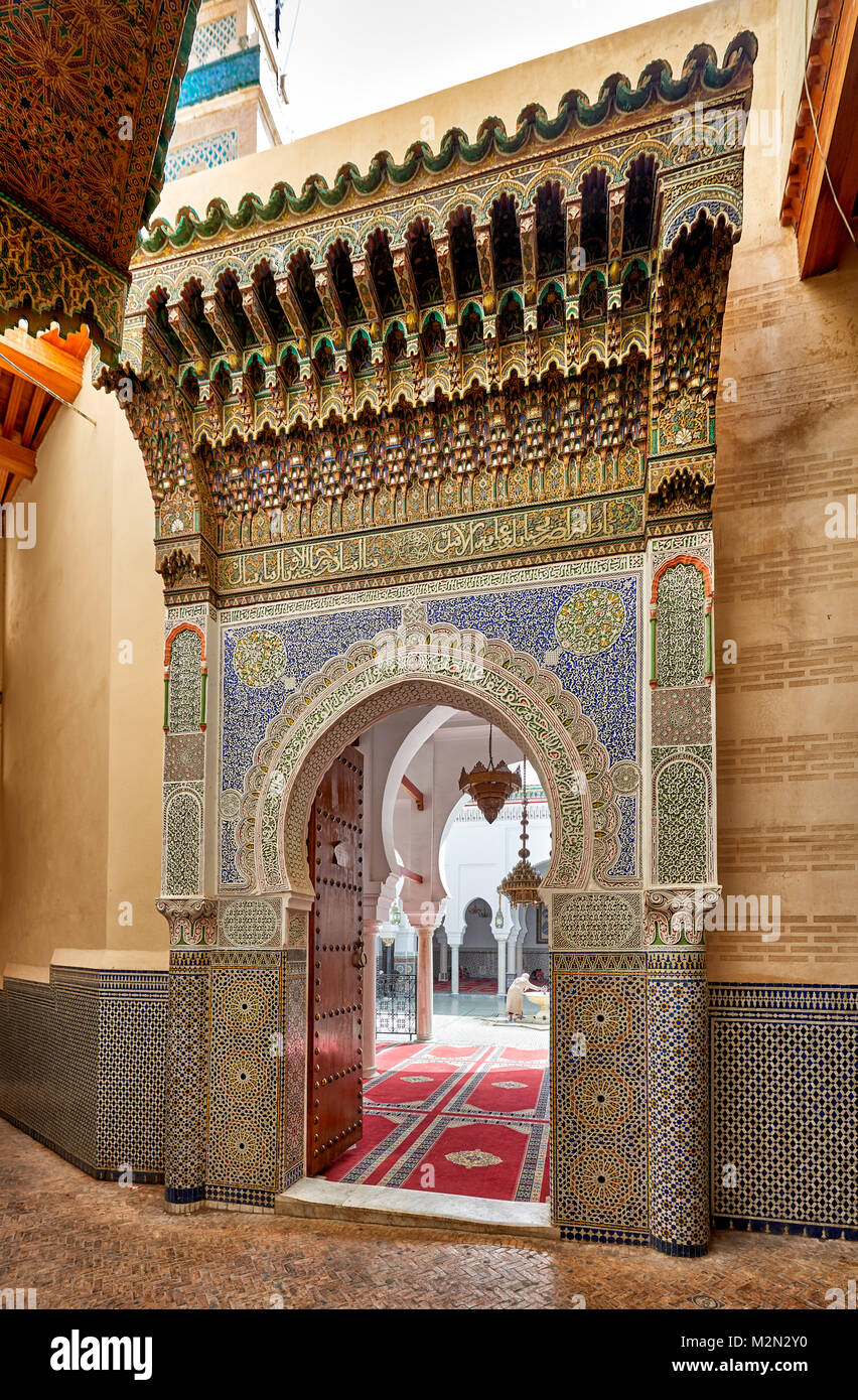 decorated entrance gate of Zaouia de Moulay Idriss, Fez, Morocco, Africa Stock Photo