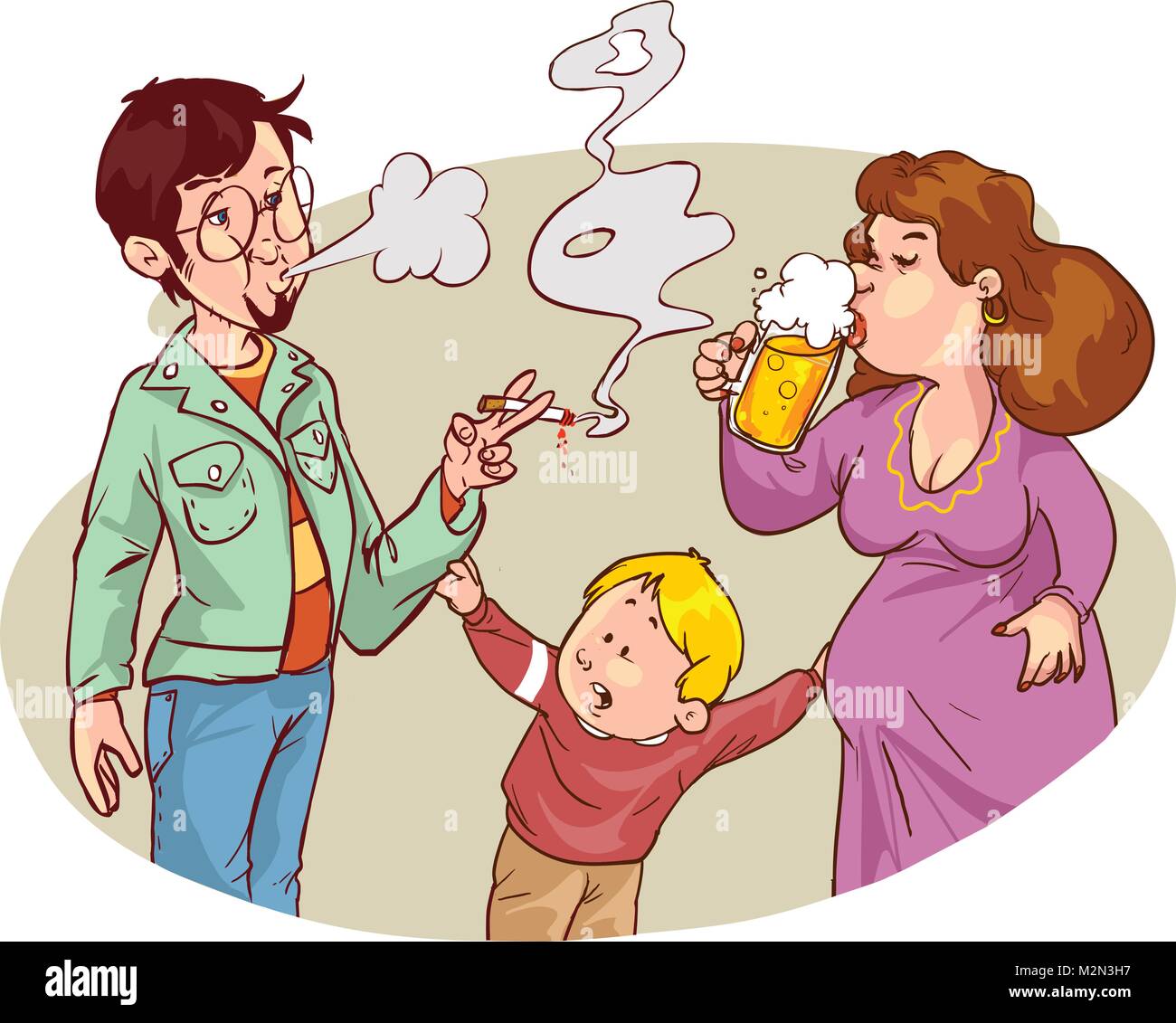 Child s drawing of him and his parents with alcohol and smoking addictions Stock Vector