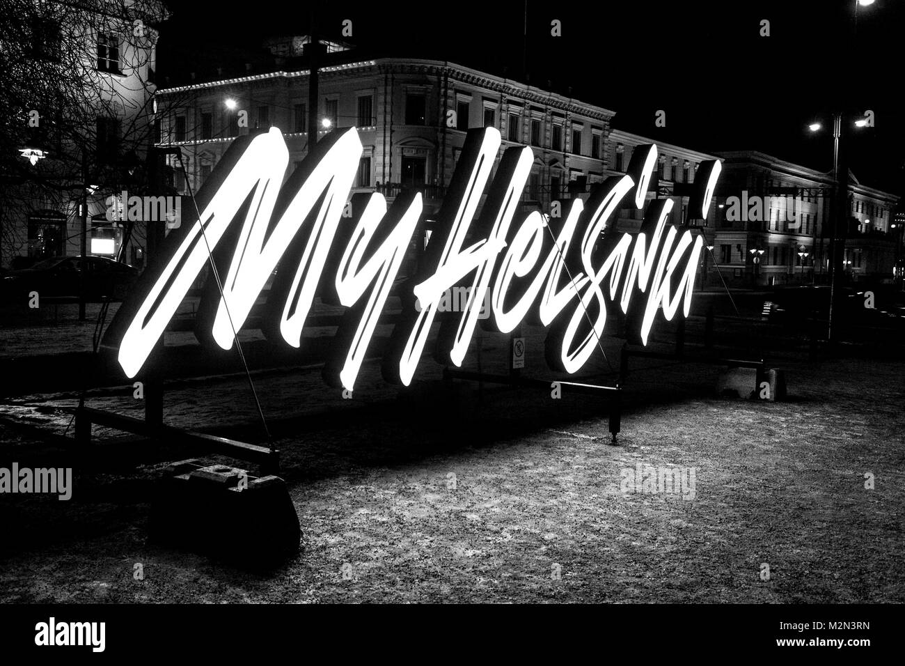 The MyHelsinki sign at night in Pohjoisesplanadi, logo of the tourist information office and local guide of Helsinki, capital city of Finland Stock Photo