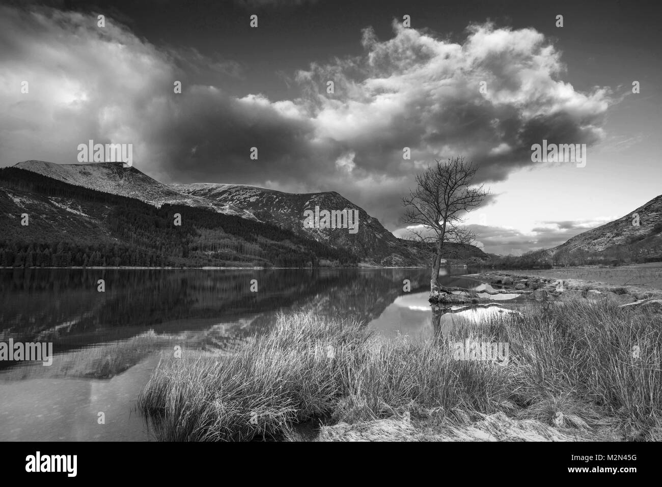 Beautiful black and white sunrise landscape image in Winter of Llyn ...