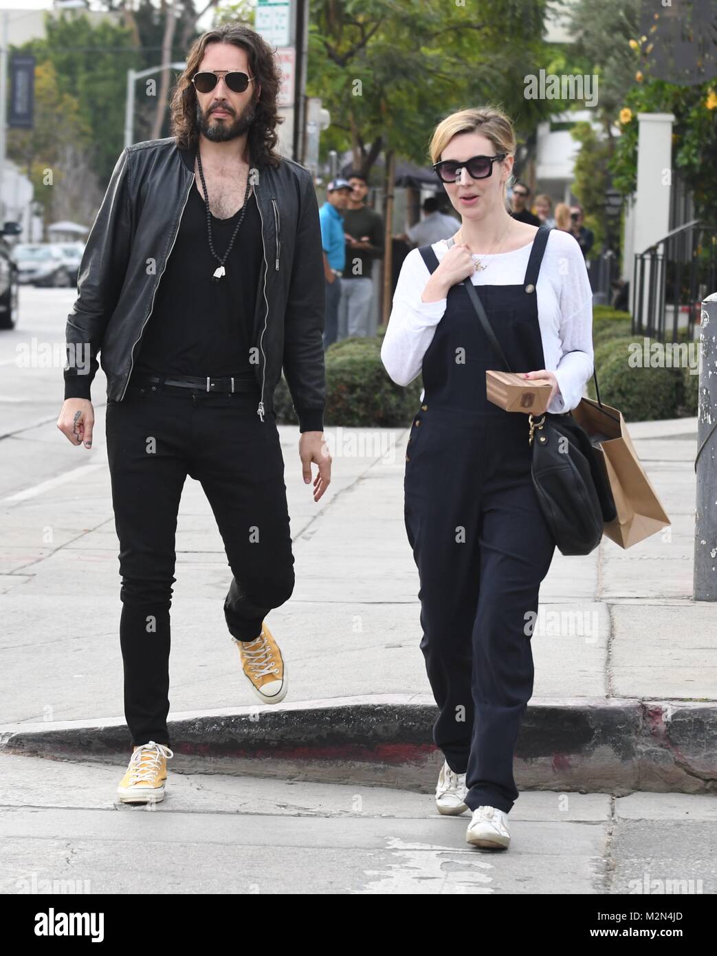 Russell Brand and his wife Laura leaving Gracias Madre in West Hollywood,  California. Featuring: Russell Brand, Laura Gallacher, Laura Brand Where:  West Hollywood, California, United States When: 07 Jan 2018 Credit: WENN.com