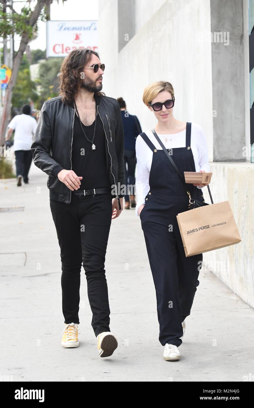 Russell Brand and his wife Laura leaving Gracias Madre in West Hollywood,  California. Featuring: Russell Brand, Laura Gallacher, Laura Brand Where:  West Hollywood, California, United States When: 07 Jan 2018 Credit: WENN.com