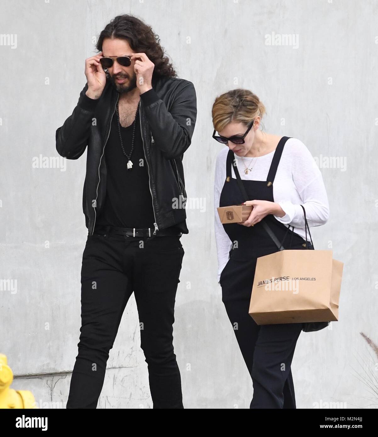 Russell Brand and his wife Laura leaving Gracias Madre in West Hollywood,  California. Featuring: Russell Brand, Laura Gallacher, Laura Brand Where:  West Hollywood, California, United States When: 07 Jan 2018 Credit: WENN.com