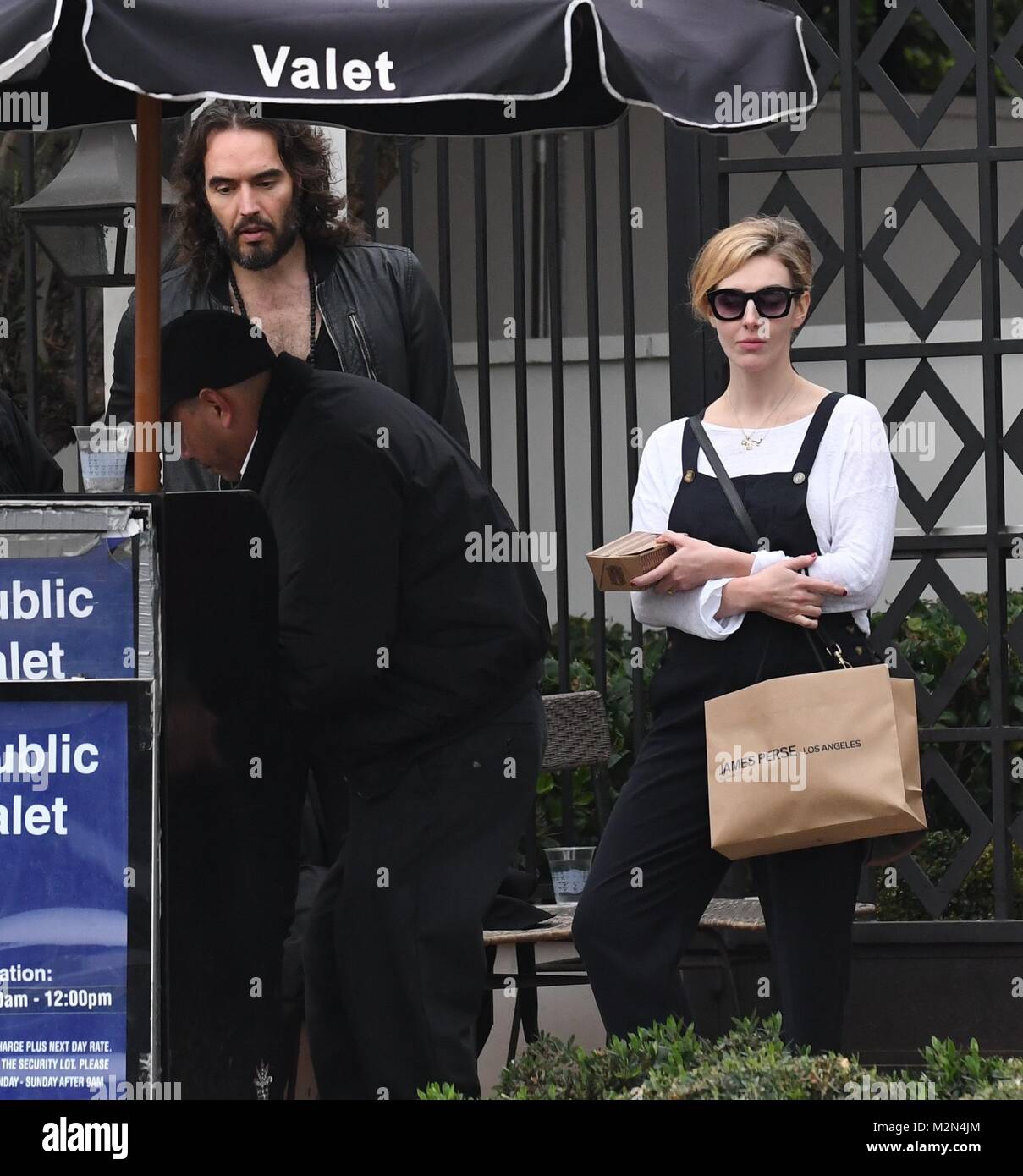 Russell Brand and his wife Laura leaving Gracias Madre in West Hollywood,  California. Featuring: Russell Brand, Laura Gallacher, Laura Brand Where:  West Hollywood, California, United States When: 07 Jan 2018 Credit: WENN.com