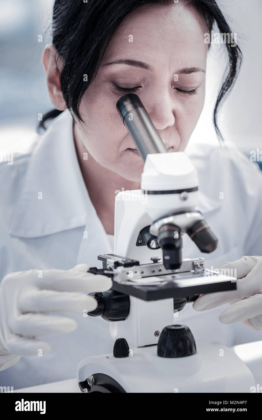 Close up of female scientist analyzing microscope slide Stock Photo