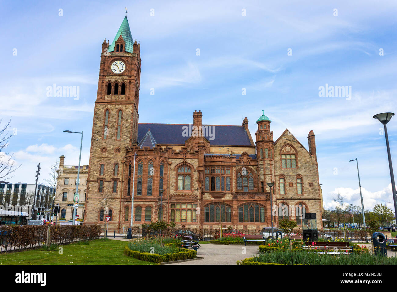The Guildhall, a building built in 1890 in which the elected members of Derry and Strabane District Council meet. Derry, County Londonderry, Northern  Stock Photo
