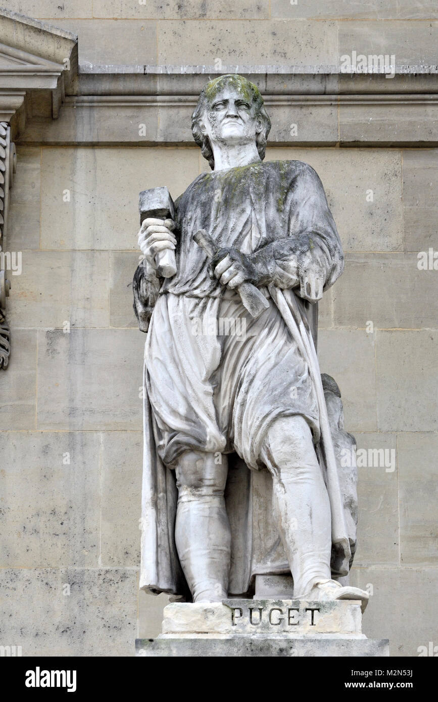 Paris, France. Palais du Louvre. Statue in the Cour Napoleon: Pierre Puget (1620 – 1694) French painter, sculptor, architect and engineer. Stock Photo