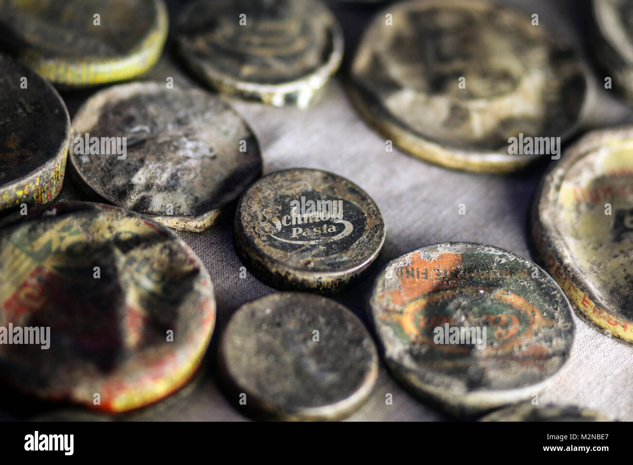 OSWIECIM, POLAND - JANUARY 26, 2016: The former German Nazi concentration and extermination camp Auschwitz . Shoe polish cans at the permanent Exhibit Stock Photo