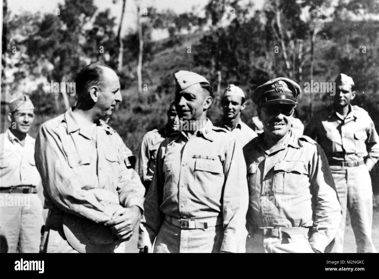 PORT MORESBY, New Guinea, September 10, 1943 – Senator Richard Russell of Georgia with members of the 101st AAA Separate Battalion during his tour of inspection. Photo 231964, National Archives Records Administration (NARA), College Park, Md. 101st AAA in New Guinea by Georgia National Guard Stock Photo
