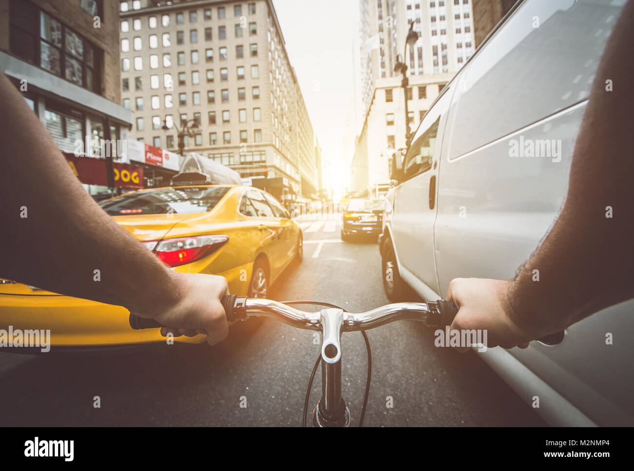 Pov bicycle view camera in New york city, traffic jam Stock Photo