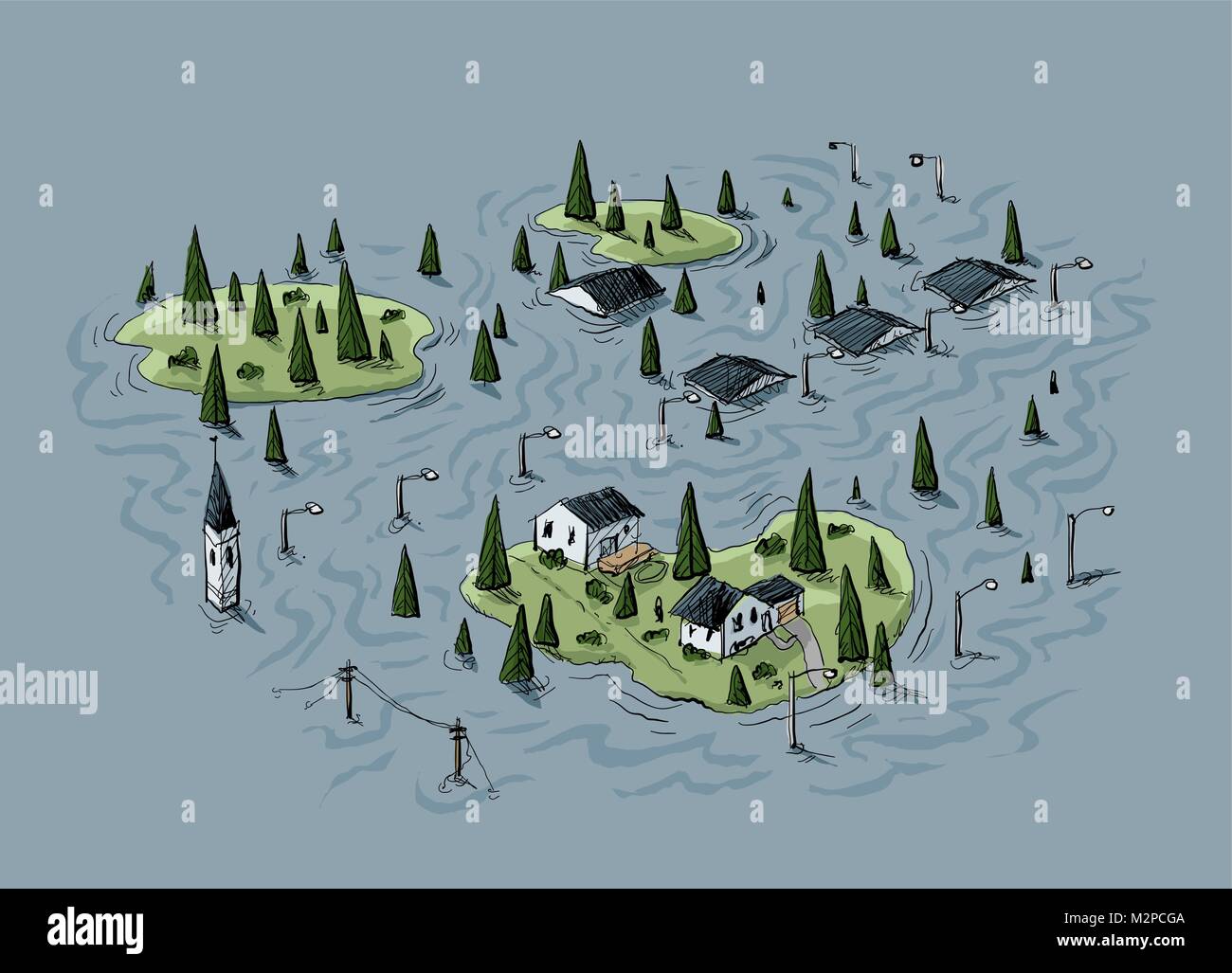 Cartoon of an aerial view of a village that has been hit by a flood with some areas of land still above water. Stock Vector