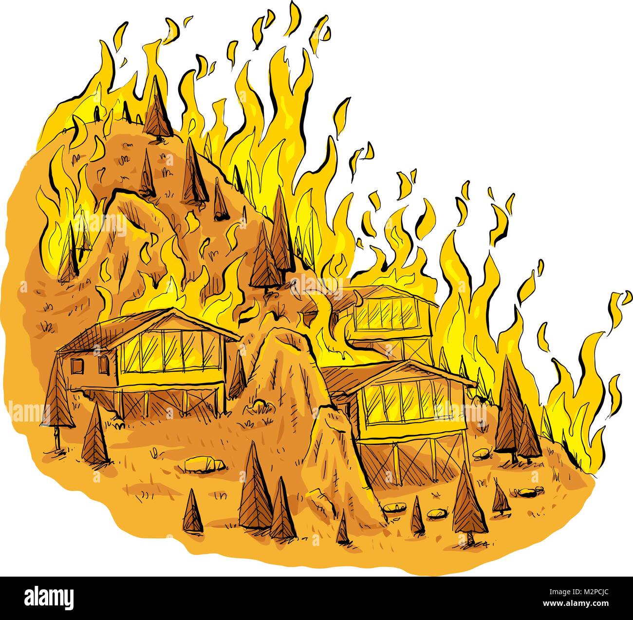 A cartoon of a blazing forest fire raging through trees and houses on a rocky hilltop. Stock Vector