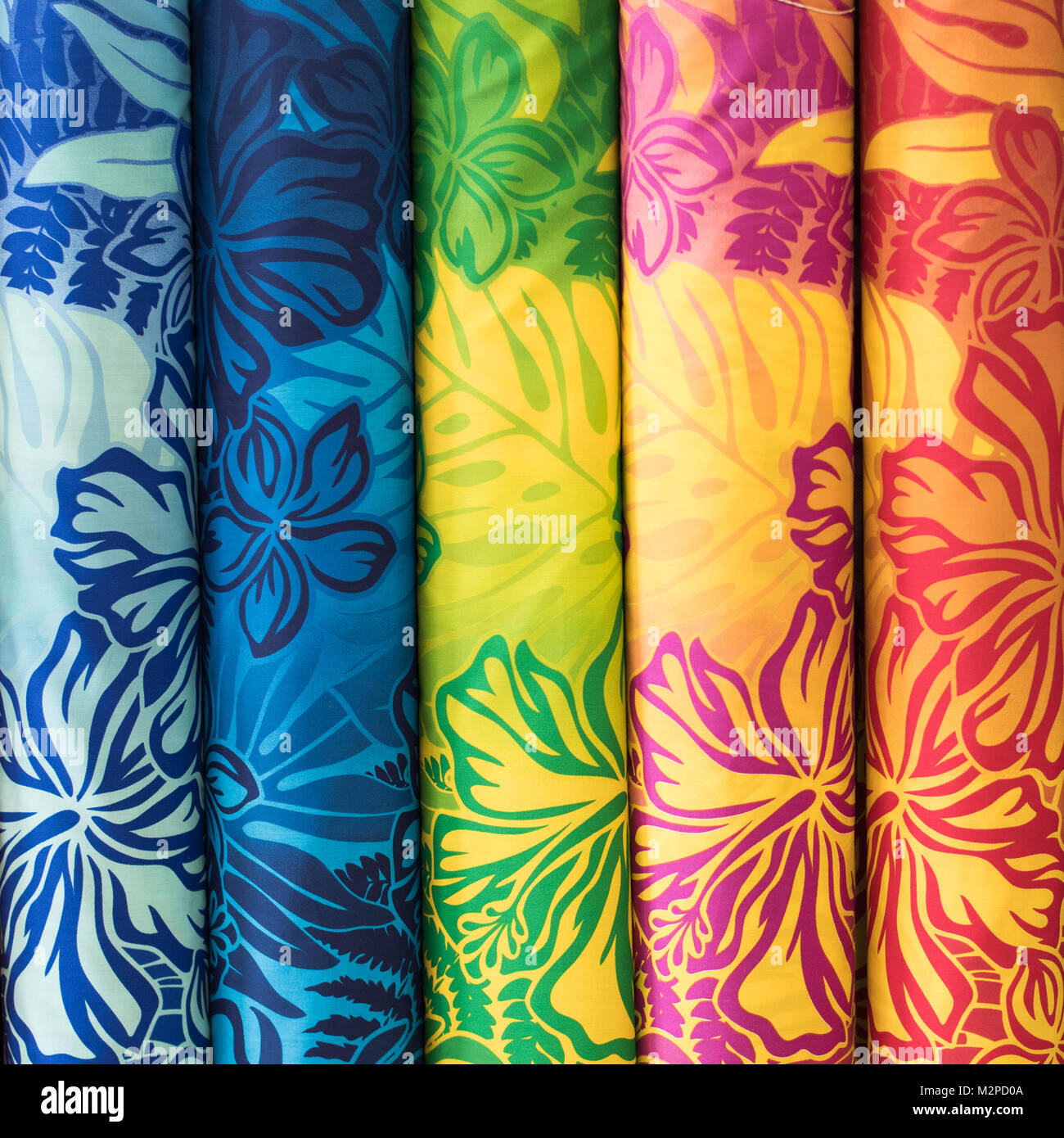 Rainbow Aloha Hawaiian Print Fabric on sale at the Swap Meet on Oahu, showing tropical hawaiian concept Stock Photo