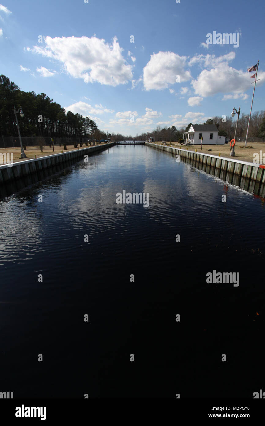 The Deep Creek lock in Chesapeake, Va., sits idle as workers fix steel