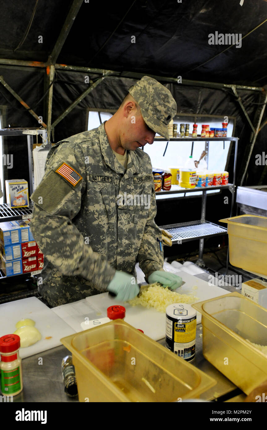 Spc. Jonathon Matthews from Bravo Company, 452nd Combat Support Hospital, prepares onions for the U.S. Army Reserve's Connelly Competition at Fort McCoy, Wis., on April 9.  (Photo by Maj. Matt Lawrence, 807th MDSC Public Affairs) 20110409-DSC 2554 by 807MCDS Stock Photo