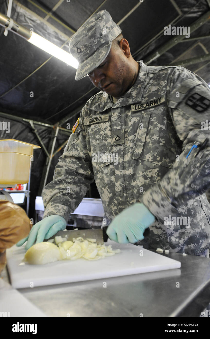 Pfc. Shon Brown from the 444th Minimal Care Detachment chops onions for the 452nd Combat Support Hospital during the U.S. Army Reserve's Connelly Competition at Fort McCoy, Wis., on April 9.  (Photo by Maj. Matt Lawrence, 807th MDSC Public Affairs) 20110409-DSC 2557 by 807MCDS Stock Photo