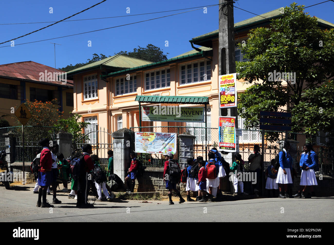 Keena Road Nuwara Eliya Hill Country Central Province Sri Lanka School Children by School Crossing outside Sisters of Charity of Jesus and Mary Carita Stock Photo