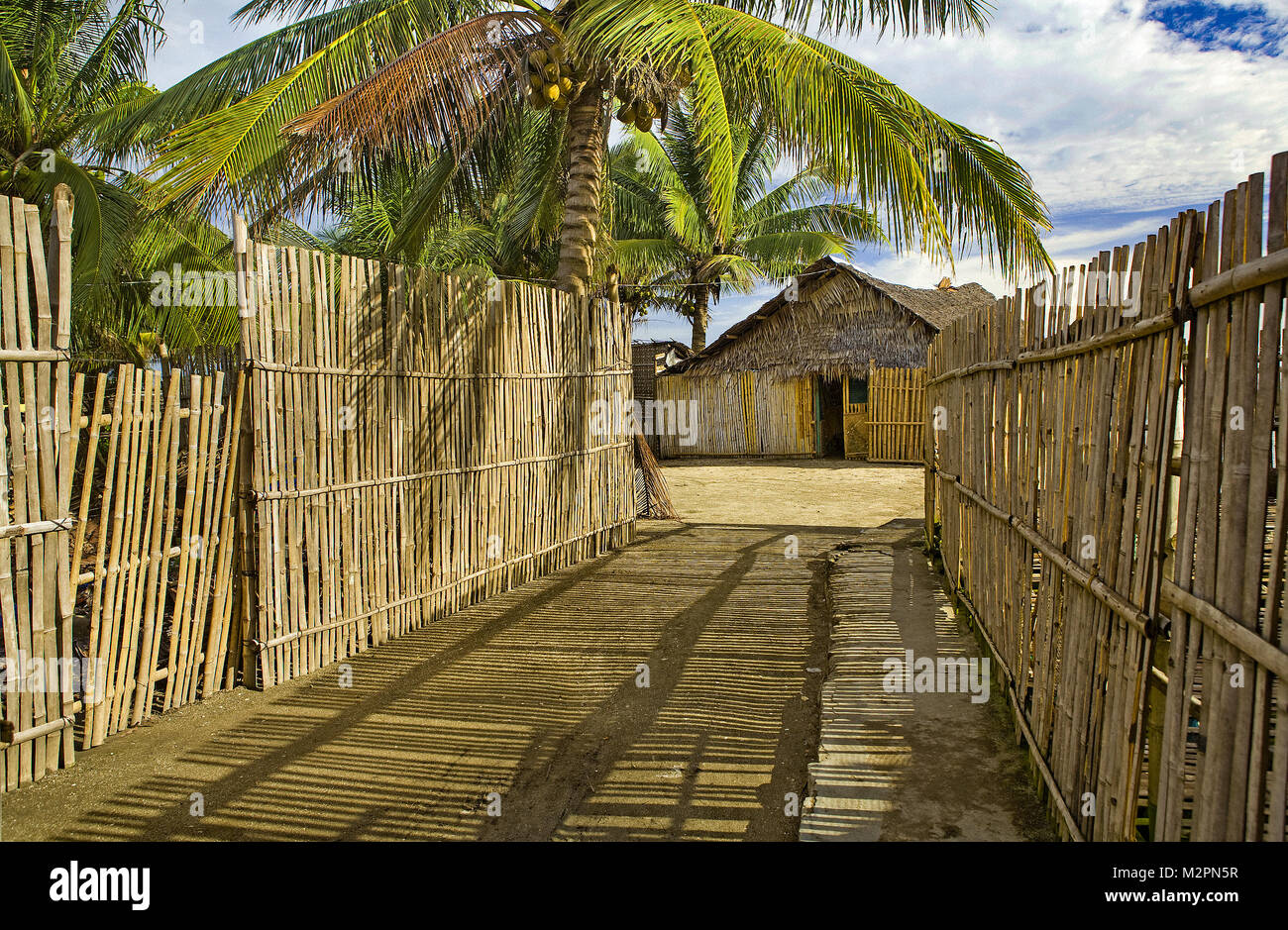 Scenic still life of a fence and small, simple home all made of native bush materials - bamboo and coconut fronds. Stock Photo