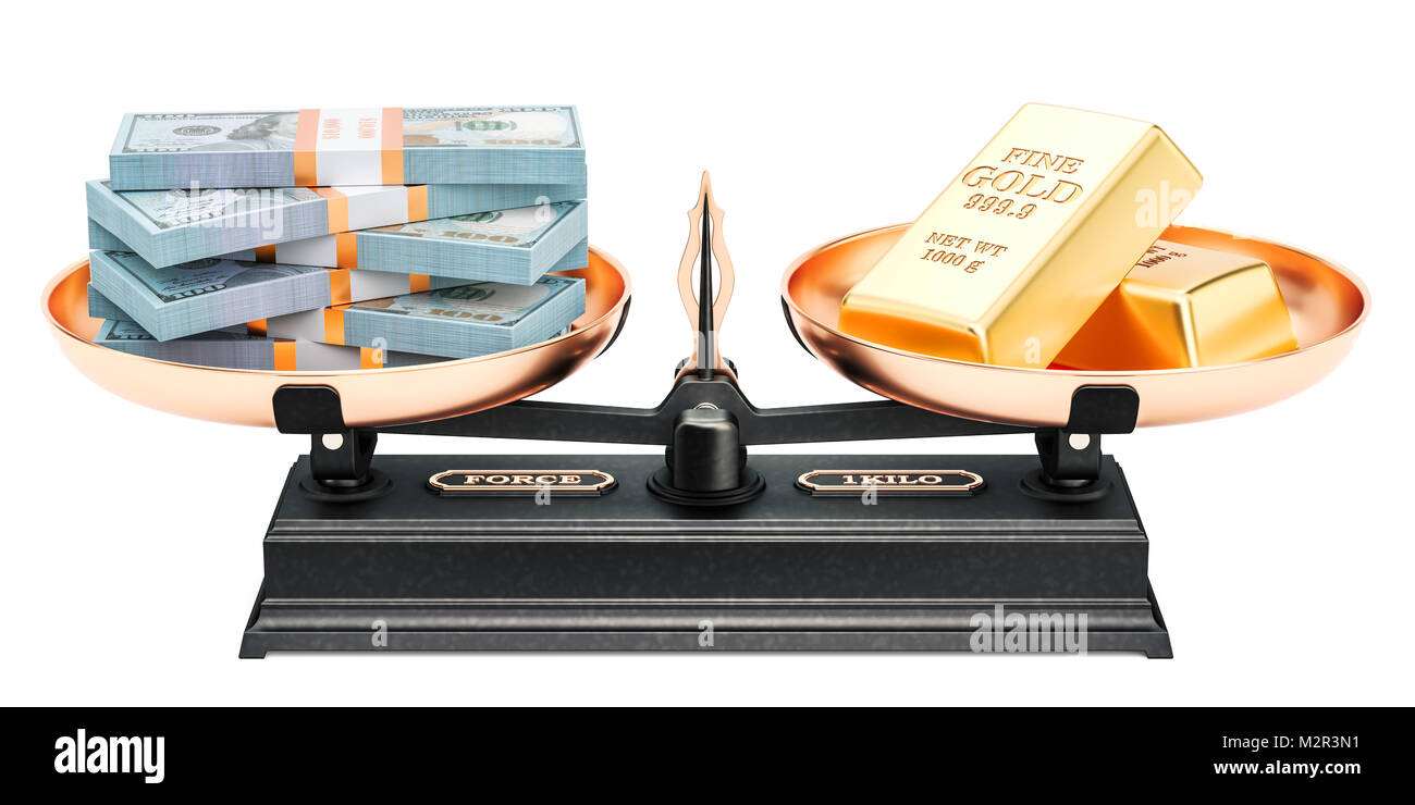 Balance concept, gold bars and dollar packs. 3D rendering isolated on