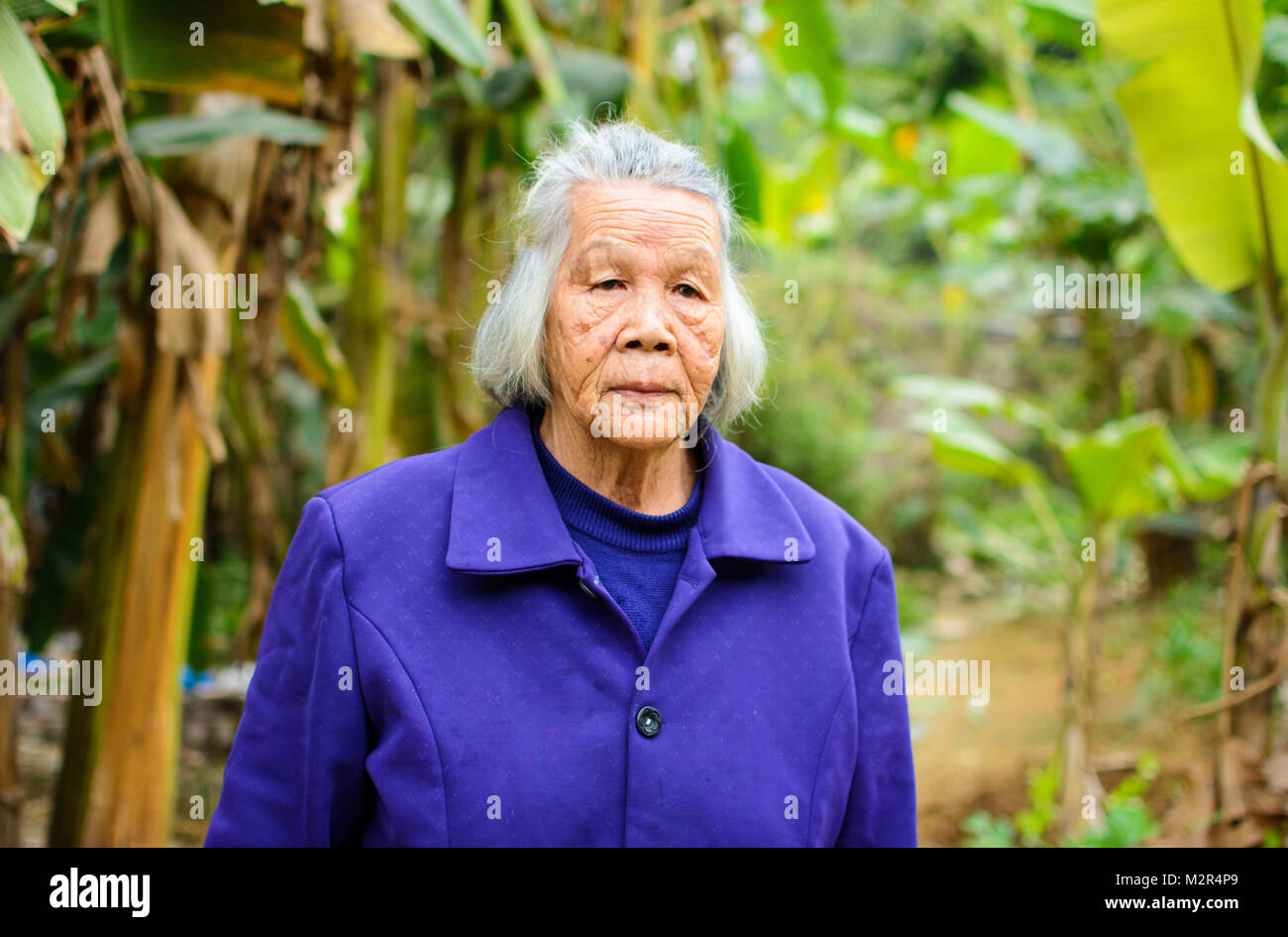 Portrait of senior asian grandma walking outdoors Stock Photo
