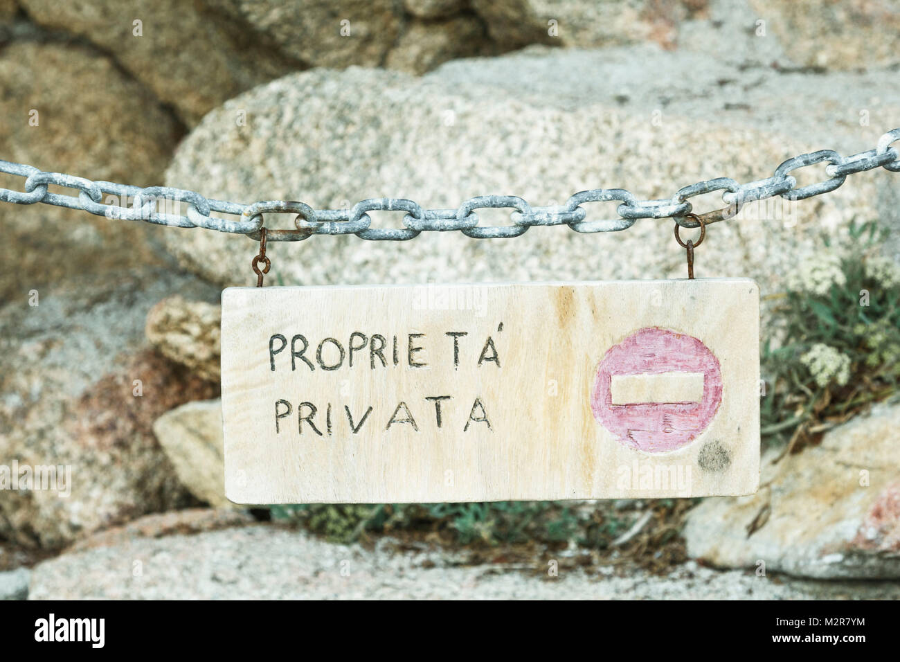 A wooden sign with the inscription, Proprieta Privata Stock Photo