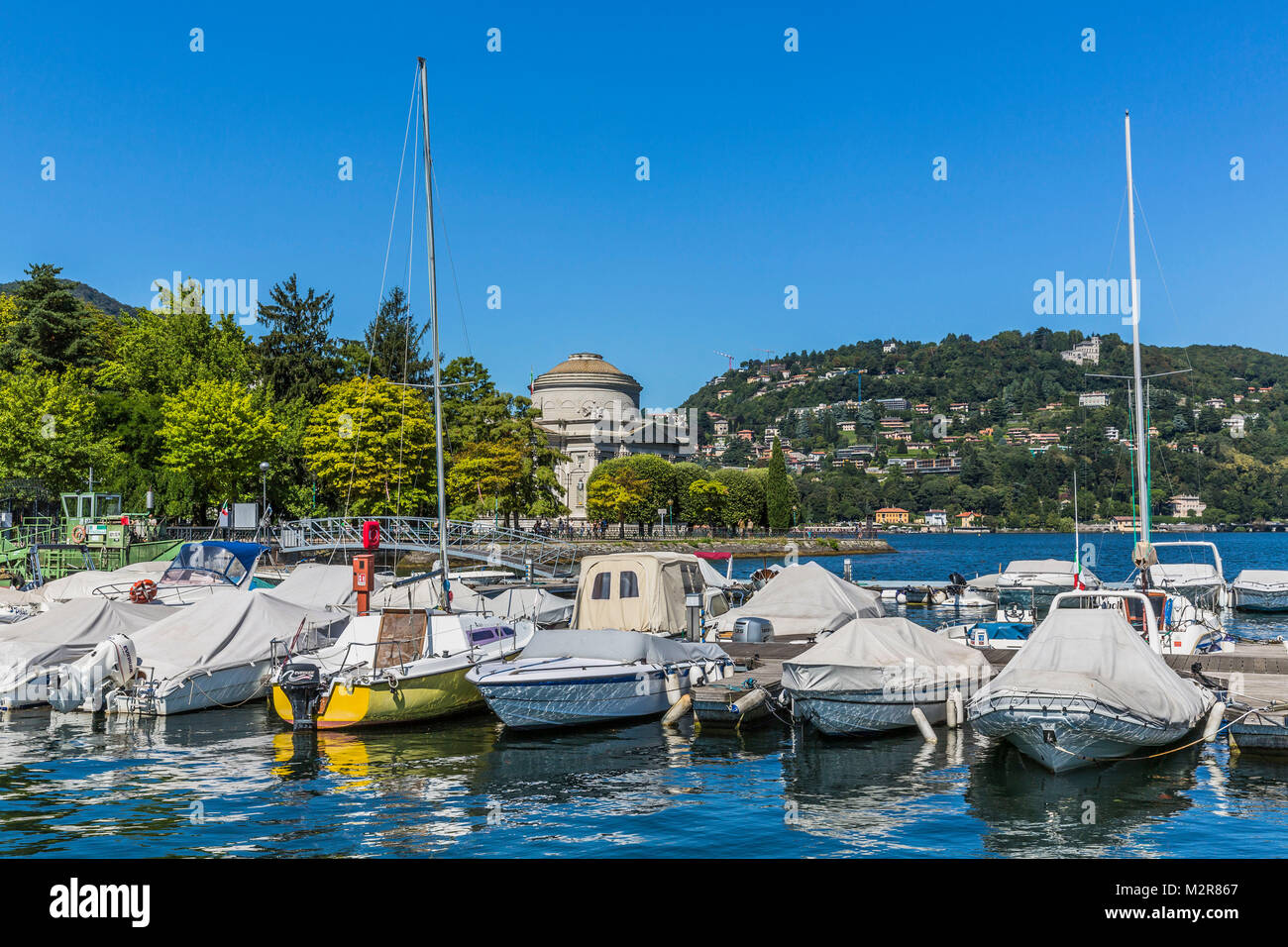 Yacht harbour, Volta temple in the background, Tempio Voltiano, Como at Lake Como, province of Como, Lombardy, Italy, Europe Stock Photo