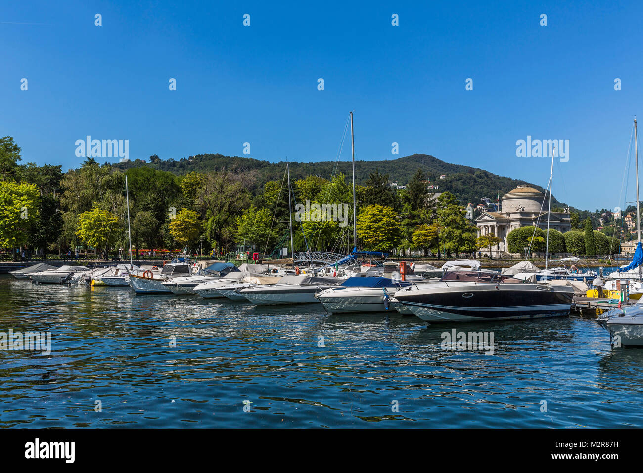 Yacht harbour, Volta temple in the background, Tempio Voltiano, Como at Lake Como, province of Como, Lombardy, Italy, Europe Stock Photo