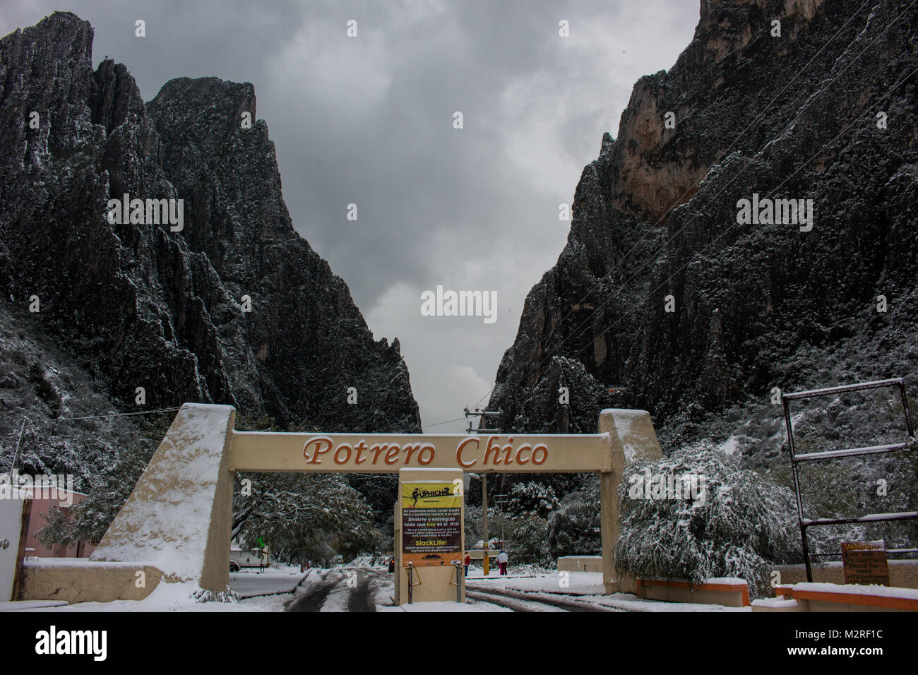 Pictures taken during historical snowfall in the town of Hidalgo, N.L. Mexico. Home of the famous Potrero Chico climbing area Stock Photo