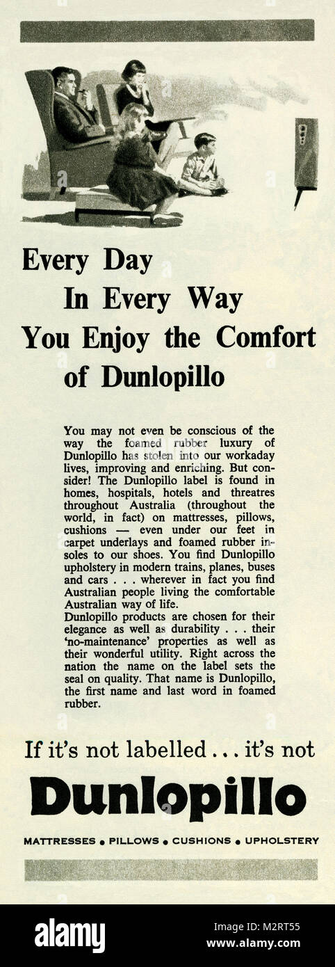 A 1960s advert for Dunlopillo latex foam products. The advert appeared in an Australian magazine in 1963.  With its comfort and support it became a popular bedding, furniture and upholstery cushion brand. Latex has natural anti-bacterial and anti-fungal properties. The illustration shows a family seated on comfy chairs watching their TV Stock Photo