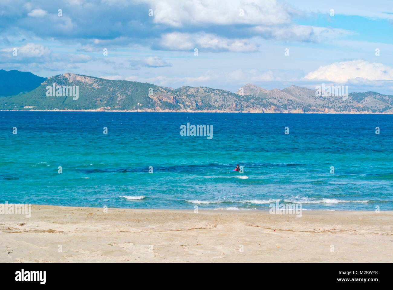 Beach, Platja de Sant Pere, Badia de Pollenca, Bay of Pollensa, Mallorca, Balearic islands, Spain Stock Photo