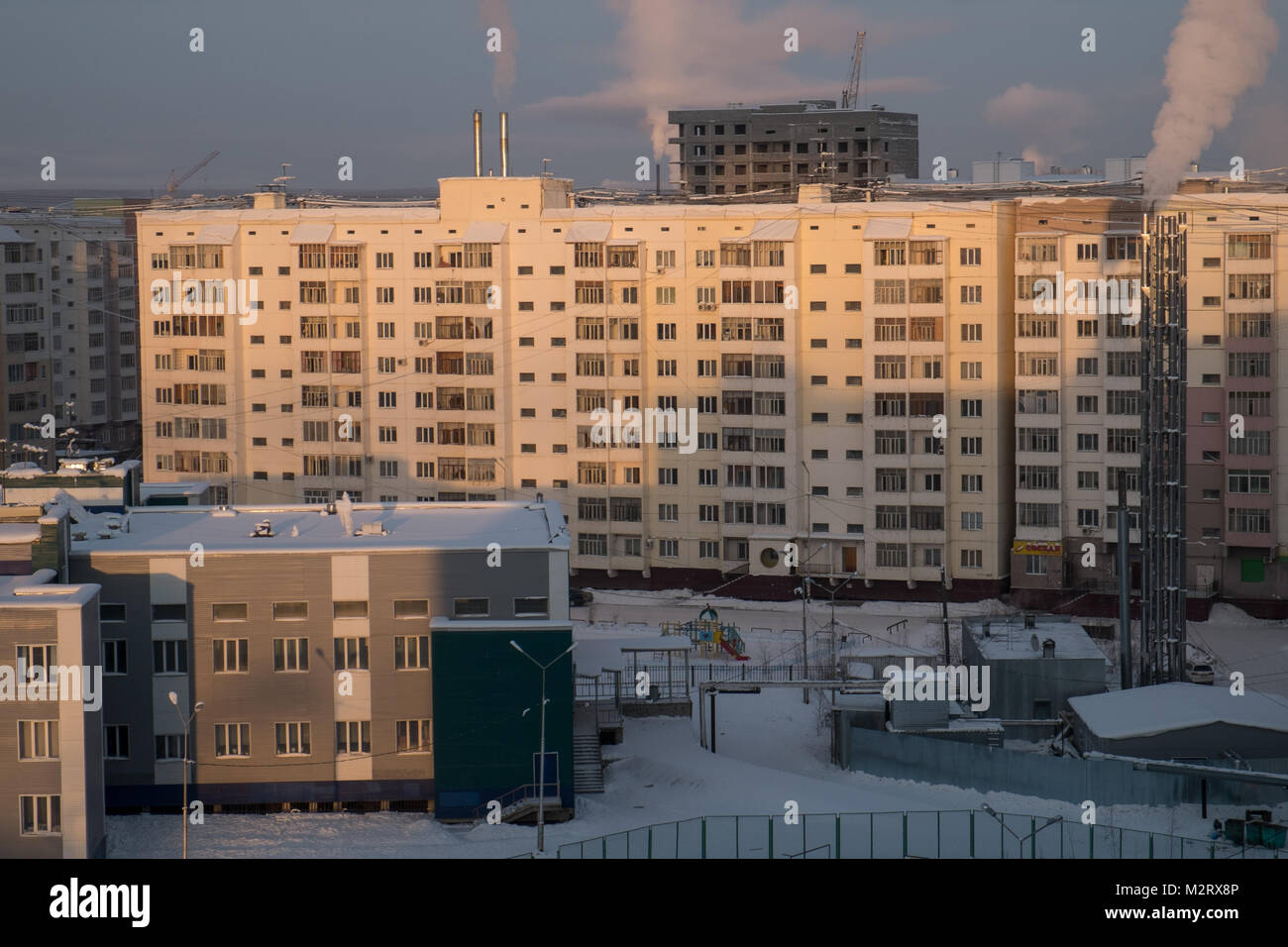 Accomodation buildings in Yakutsk, in Siberia. Yakutsk is the second coldest major city in the world after Norilsk, but Yakutsk sees colder temperatur Stock Photo