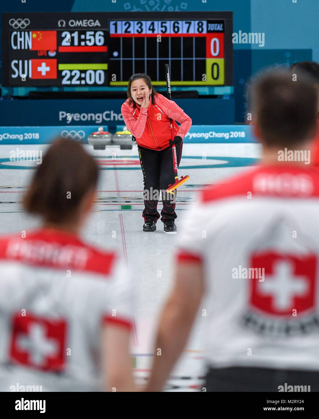 Pyeongchang, South Korea. 8th Feb, 2018. China's Wang Rui (C) competes ...