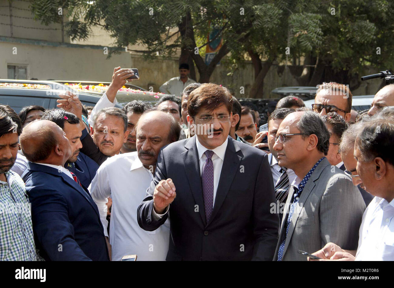 Karachi, Pakistan. 7th February, 2018. Sindh Chief Minister, Syed Murad Ali  Shah talks with media persons after verification of their nomination papers  of Senate elections candidates of Peoples Party (PPP), outside election