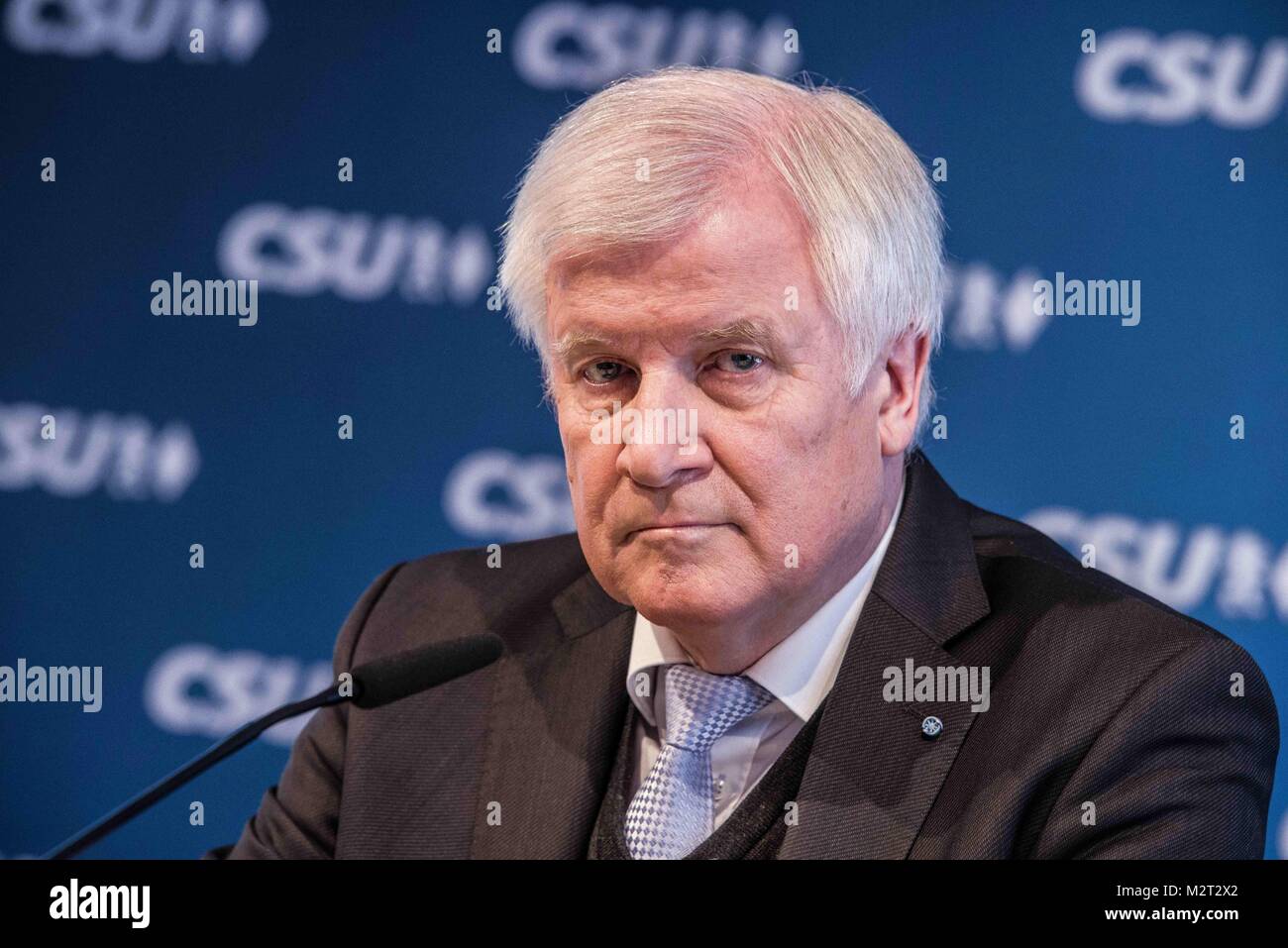Munich, Bavaria, Germany. 8th Feb, 2018. Horst Seehofer, head of Angela MerkelÃ¢â‚¬â„¢s Bavarian sister party the CSU held a conference one day after a 177-page agreement between Angela Merkel and the SPD was made in order to create a viable government and avoid new elections. Germany has been operating without a functional government since the September 24th elections, which not only propelled the right-extremist AfD party to third-place nationally, but also led to the unprecedented downfall of Seehofer as Minister-President of Bavaria. The CSU has been a holdout on themes such as limi Stock Photo