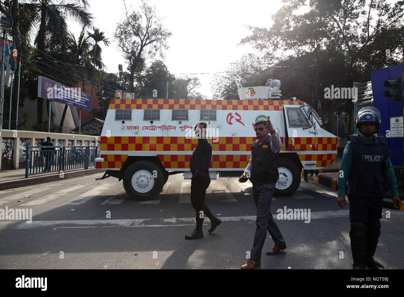Dhaka, Bangladesh. 8th Feb, 2018. February 08, 2018 Dhaka, Bangladesh - Bangladesh special force member stand guard with their vehicles in the capital Dhaka after the former prime minister and BNP chairperson Khaleda Zia sentenced to five years in prison, in Dhaka, Bangladesh 08 February 2018. BNP leader Khaleda Zia sentenced to five years in prison after a court found her guilty in a corruption case. According to complainant, a grant of 1,255,000 US dollars was transferred from the United Saudi Commercial Bank to the Prime Minister's Orphanage Fund. The then premier Khaleda created the f Stock Photo