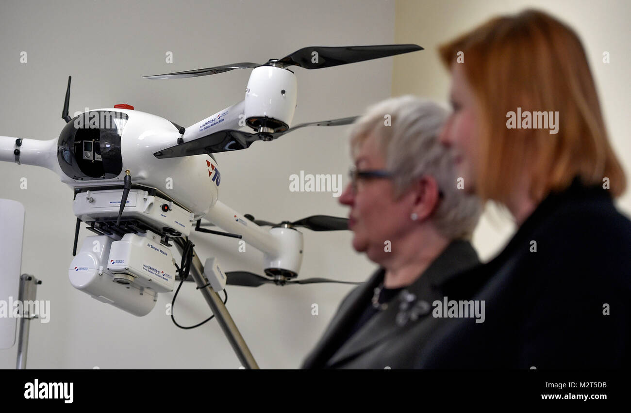 Trebic, Czech Republic. 8th Feb, 2018. The presentation of unique monitoring system able to find source of potential radiation with a drone was held in Trebic, Czech Republic, on Thursday, February 8, 2018. The system was developed by Nuvia company. Credit: Lubos Pavlicek/CTK Photo/Alamy Live News Stock Photo