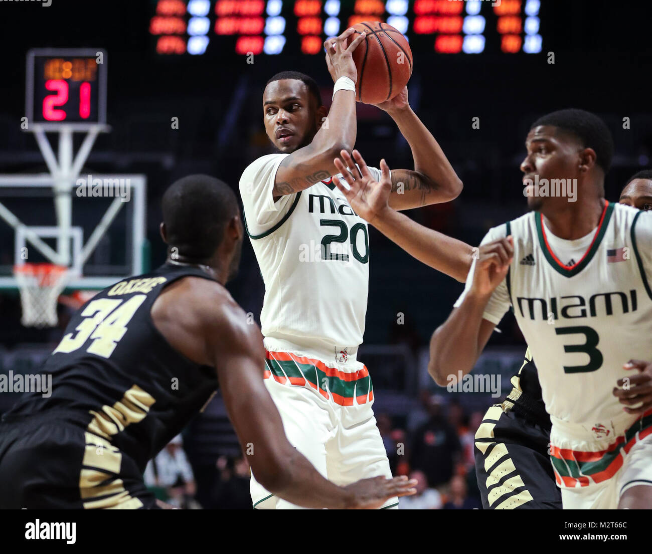 February 07, 2018 Miami Hurricanes forward Dewan Huell (20) looks to