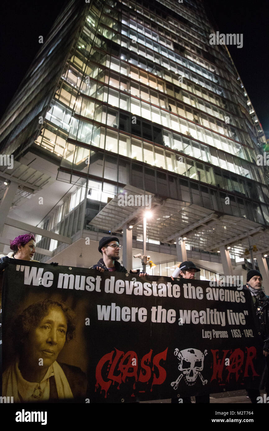 London, UK. 8th February, 2018. Lisa Mckenzie and other Class War activists commence a weekly protest outside the Shard after it was revealed that ten multiple million-pound luxury apartments remain empty in the 72-storey tower. Class War have called for the homeless to be able to occupy the empty apartments. Credit: Mark Kerrison/Alamy Live News Stock Photo
