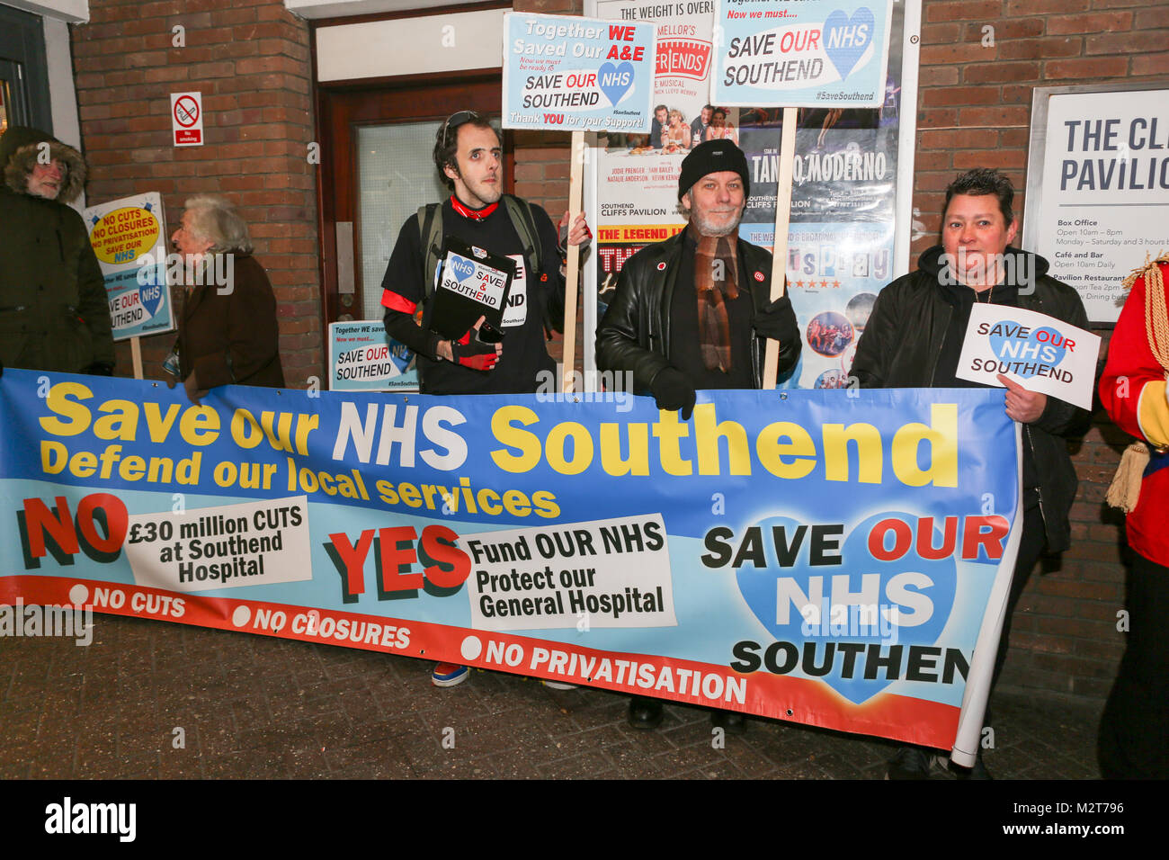 Southend-on-Sea, Essex, UK. 8th Feb, 2018. A small demonstration took place outside the Cliffs Pavilion to protest at the proposed merger of three local hospitals, Southend, Basildon and Broomfield before the public meeting. At the same time The Sustainability and Transformation Partnership (STP) are holding a public meeting to present the proposed changes. Penelope Barritt/Alamy Live News Stock Photo
