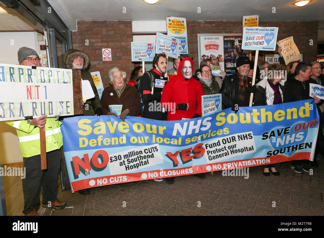 Southend-on-Sea, Essex, UK. 8th Feb, 2018. A small demonstration took place outside the Cliffs Pavilion to protest at the proposed merger of three local hospitals, Southend, Basildon and Broomfield before the public meeting. At the same time The Sustainability and Transformation Partnership (STP) are holding a public meeting to present the proposed changes. Penelope Barritt/Alamy Live News Stock Photo