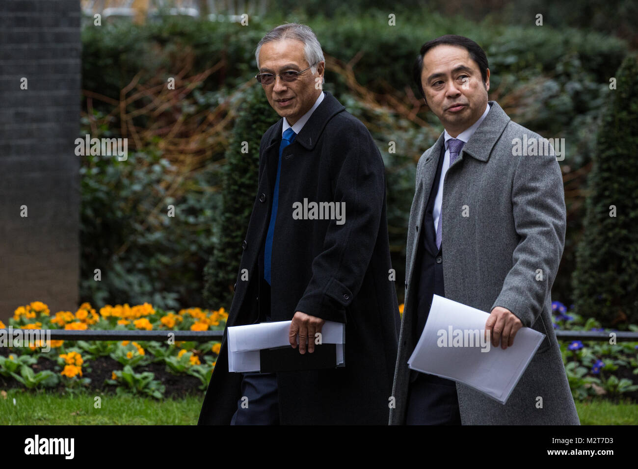 London, UK. 8th February, 2018. Senior representatives of Japanese companies including Yasuo Kashiwagi, Executive Chairman of Nomura Europe International plc, arrive to attend talks hosted by Prime Minister Theresa May, Chancellor of the Exchequer Philip Hammond, Secretary of State for International Trade Liam Fox and Secretary of State for Business, Energy and Industrial Strategy Greg Clark Credit: Mark Kerrison/Alamy Live News Stock Photo